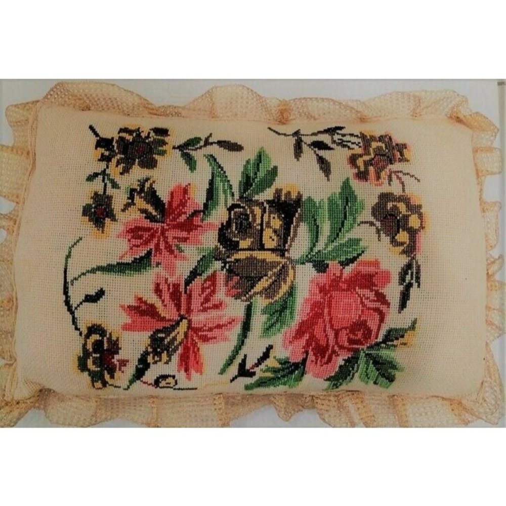 Mid Century Embroidery Cushion Cross Stitch Needlepoint Double Sided 16" x 25"